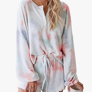 NEW NEVER WORN! Womens Tie Dye Printed Ruffle Short Lounge Set